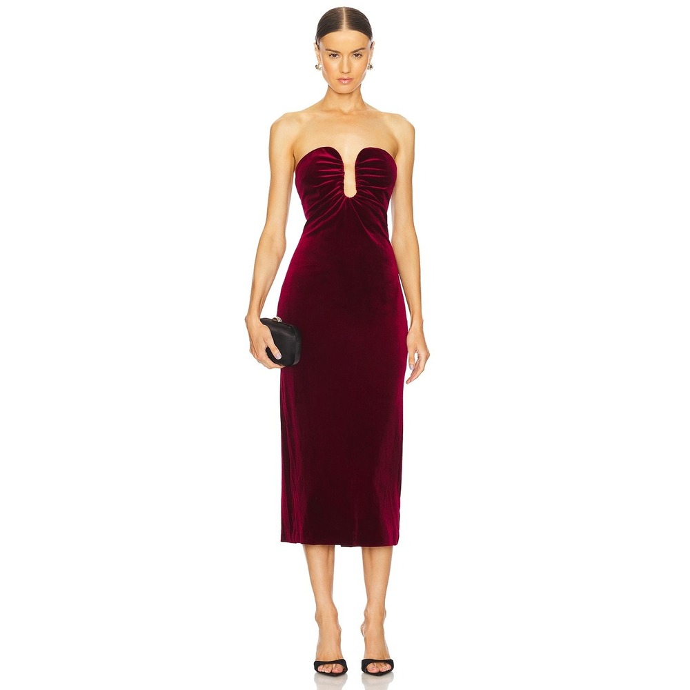 ASTR The Label Arista Burgundy Velvet Strapless U-Wire Ruched Midi Dress Large‎